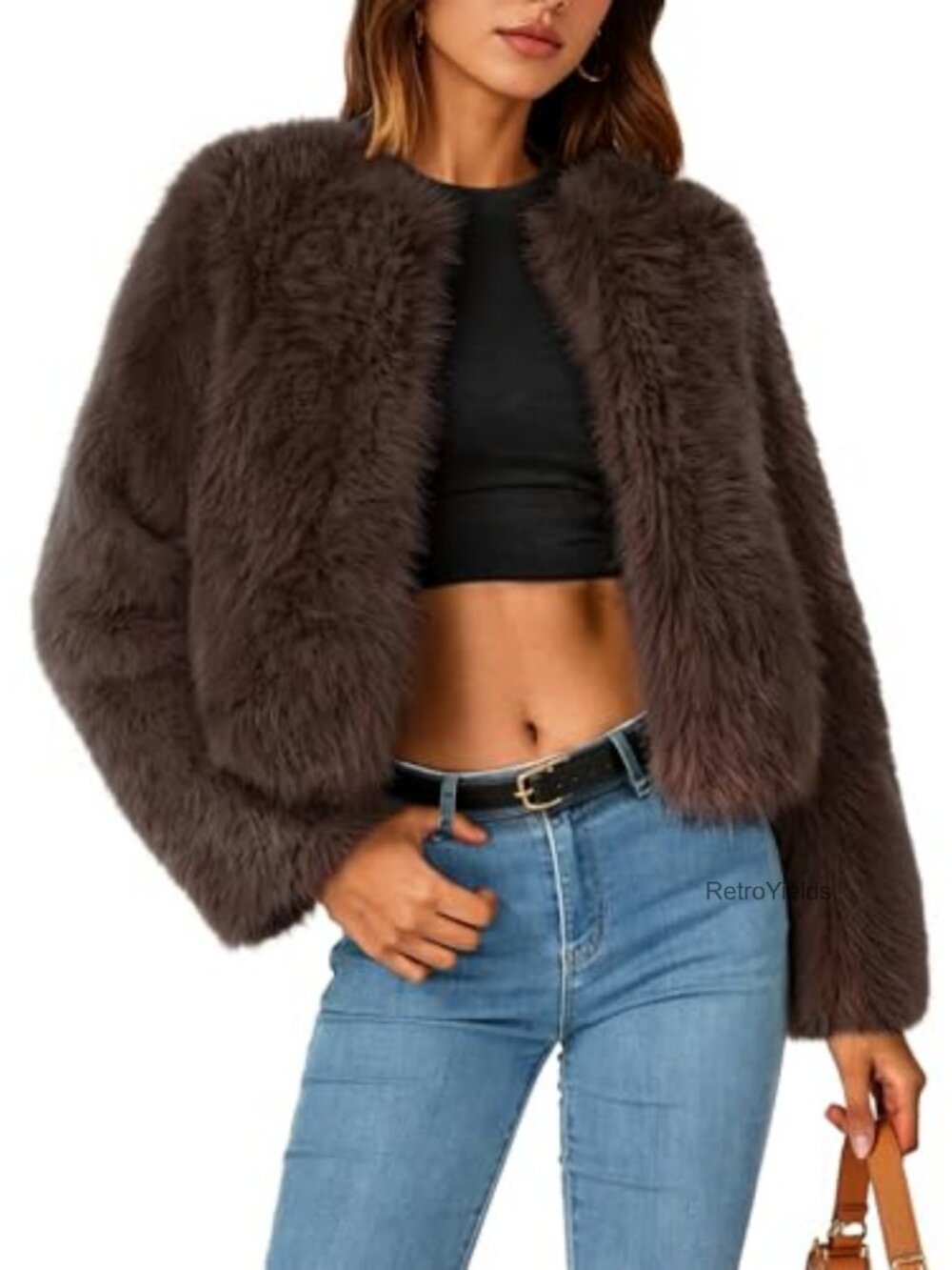 Faux Fur Cropped Jacket Fluffy Winter Coat Hook Closure
